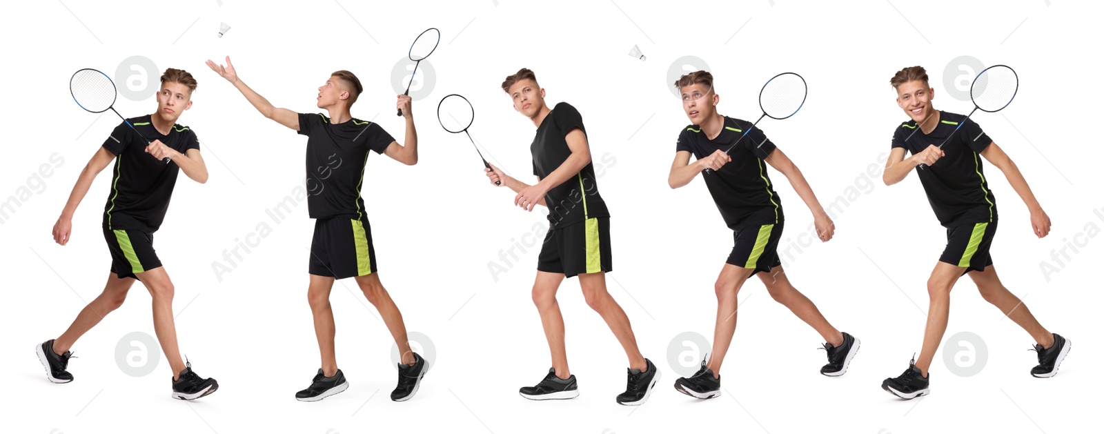 Young man playing badminton with racket on white background, collage Image of Young man playing badminton with racket on white background, collage