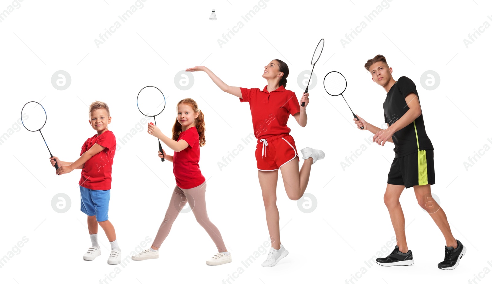 People playing badminton with rackets on white background, collage Image of People playing badminton with rackets on white background, collage