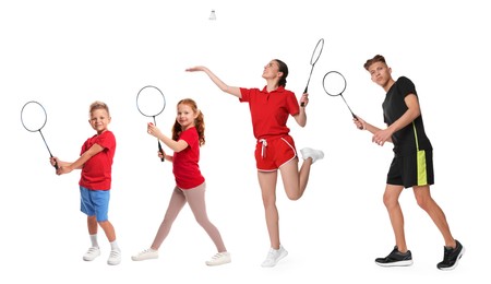 Image of People playing badminton with rackets on white background, collage