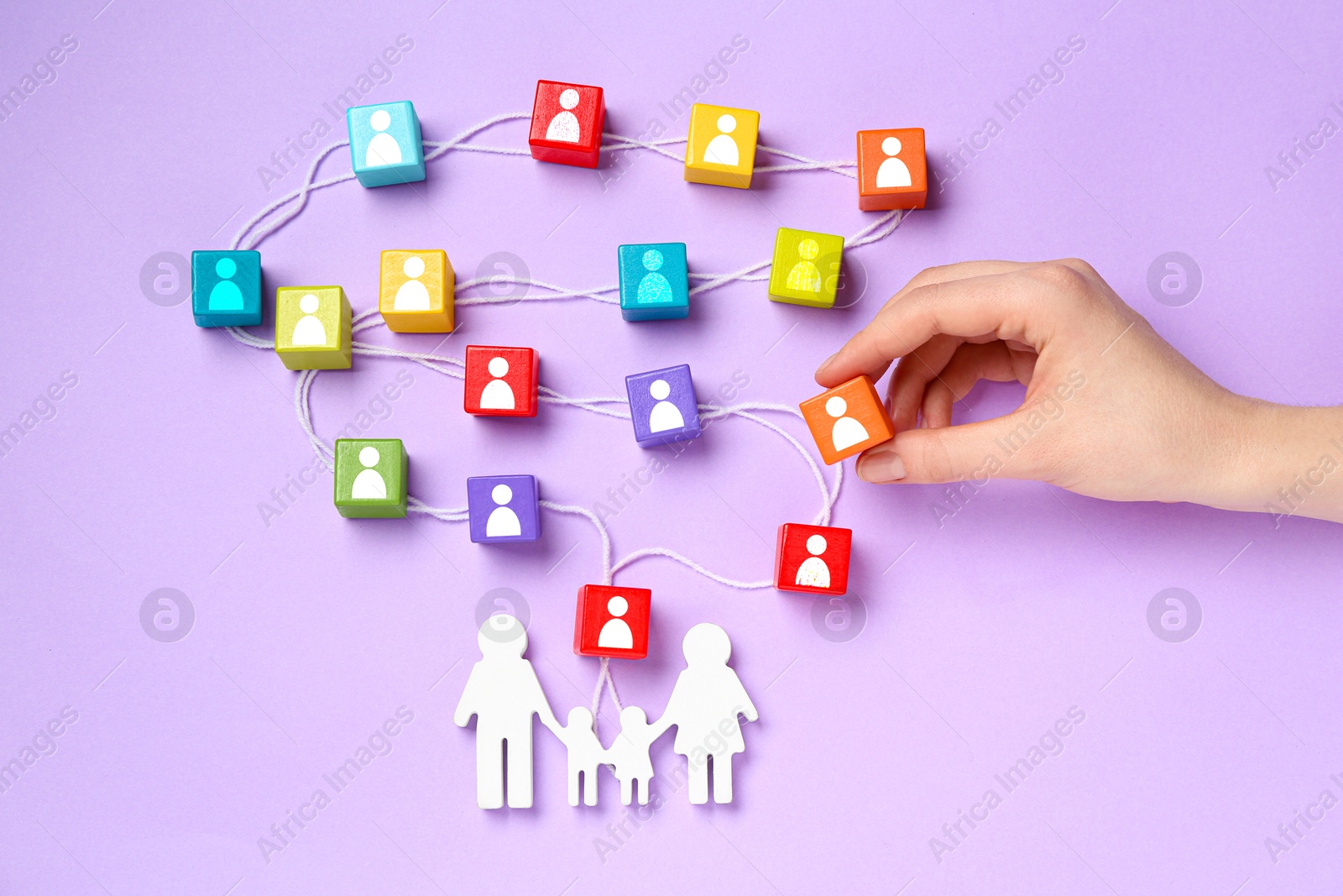 Woman putting cube with human icon to composition of other cubes, rope and figure of family on violet background, top view Image of Woman putting cube with human icon to composition of other cubes, rope and figure of family on violet background, top view