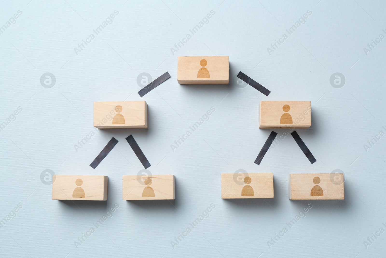 Family tree. Scheme of wooden blocks with human icons on light background, top view Image of Family tree. Scheme of wooden blocks with human icons on light background, top view