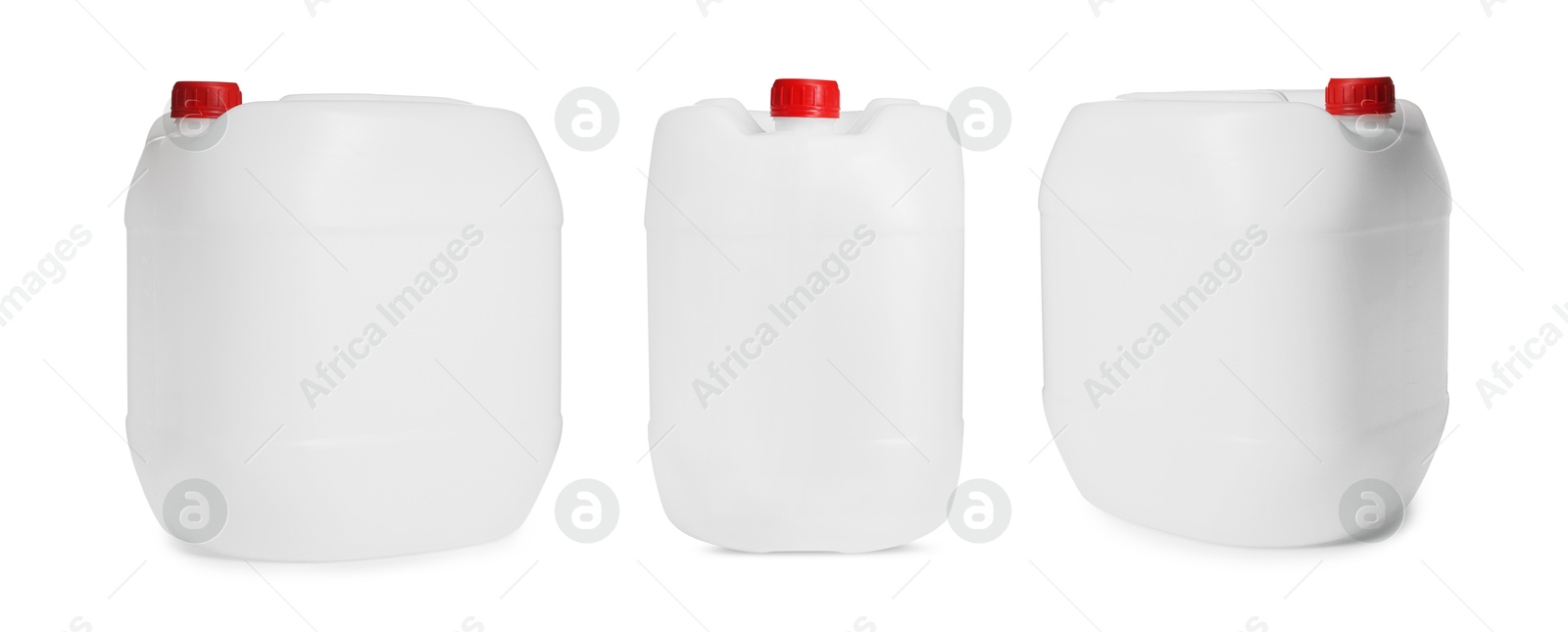 Plastic canister on white background, collage. View from different sides Image of Plastic canister on white background, collage. View from different sides