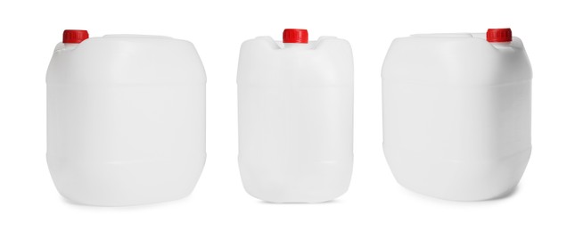 Image of Plastic canister on white background, collage. View from different sides