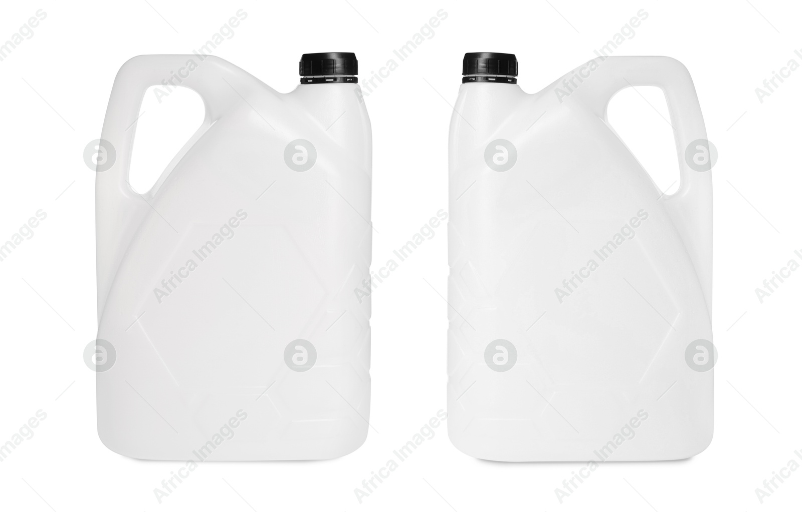 Plastic canister on white background, collage. View from different sides Image of Plastic canister on white background, collage. View from different sides