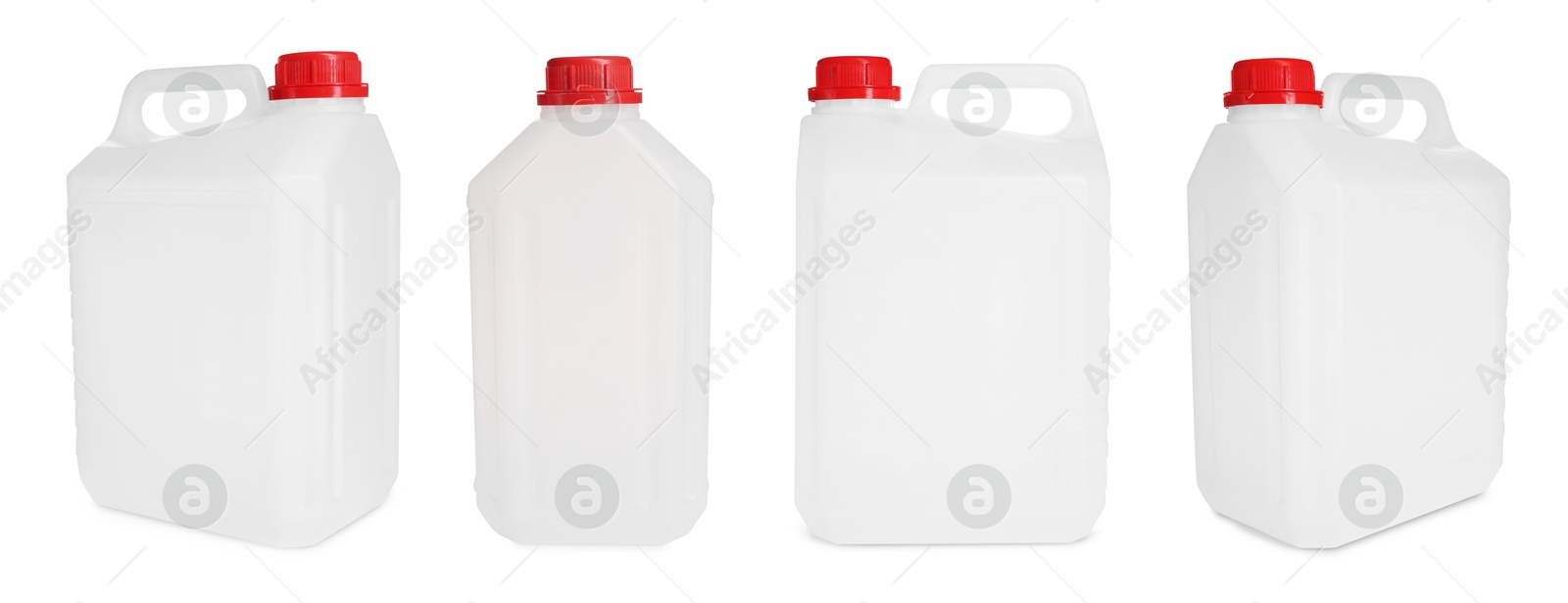 Plastic canister on white background, collage. View from different sides Image of Plastic canister on white background, collage. View from different sides