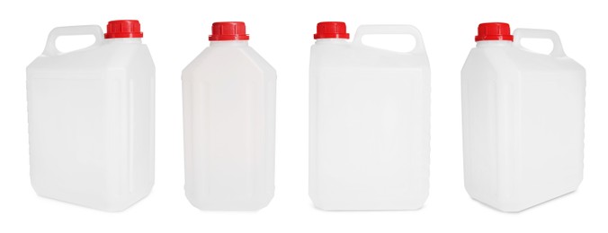 Image of Plastic canister on white background, collage. View from different sides