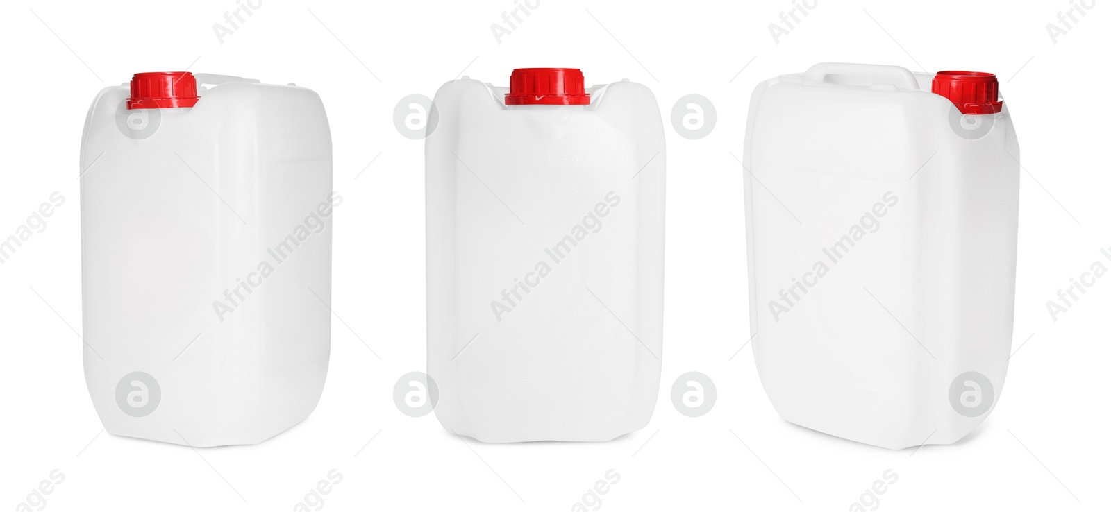 Plastic canister on white background, collage. View from different sides Image of Plastic canister on white background, collage. View from different sides