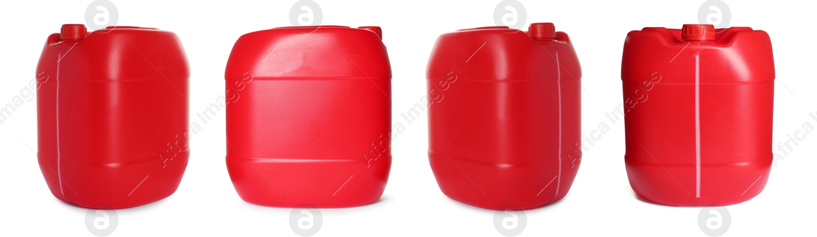 Plastic canister on white background, collage. View from different sides Image of Plastic canister on white background, collage. View from different sides