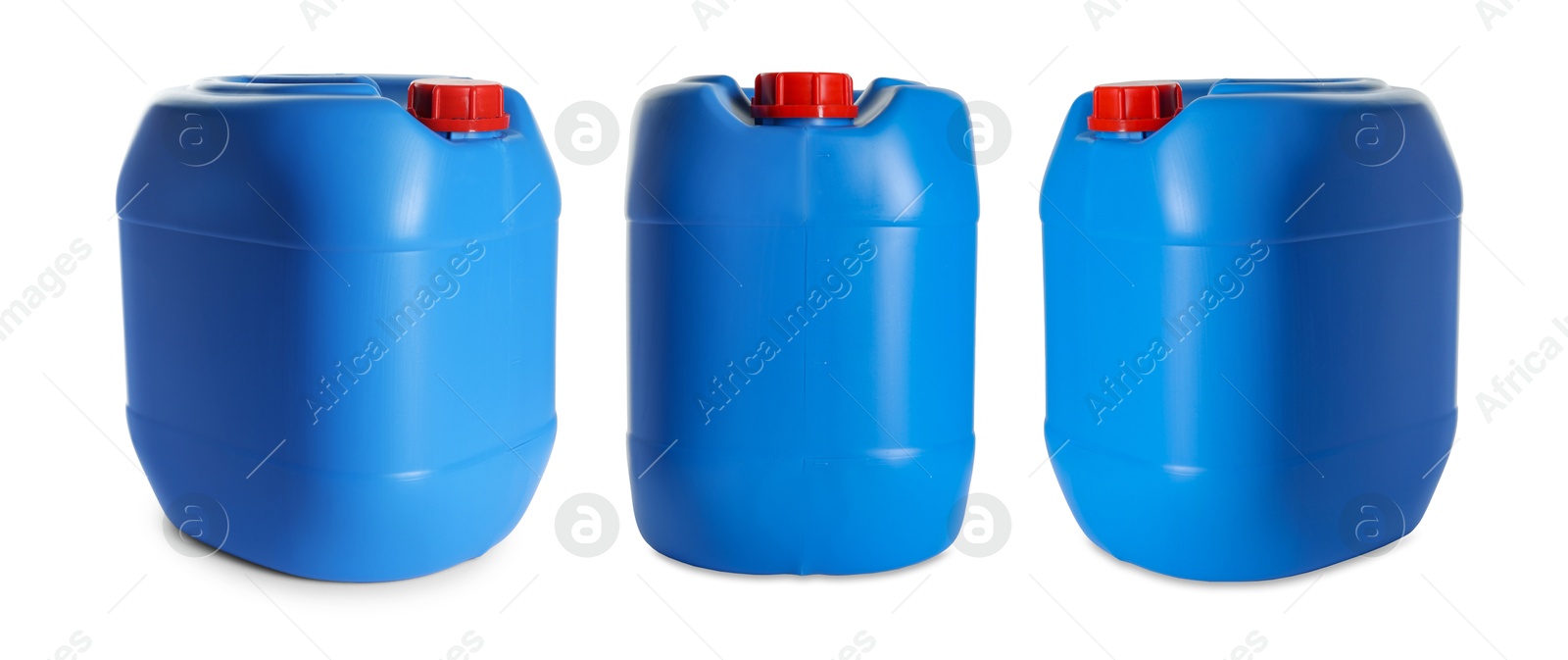 Plastic canister on white background, collage. View from different sides Image of Plastic canister on white background, collage. View from different sides