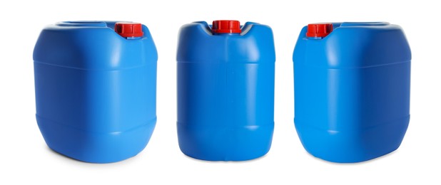 Image of Plastic canister on white background, collage. View from different sides