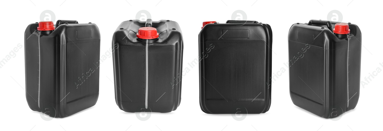 Image of Plastic canister on white background, collage. View from different sides
