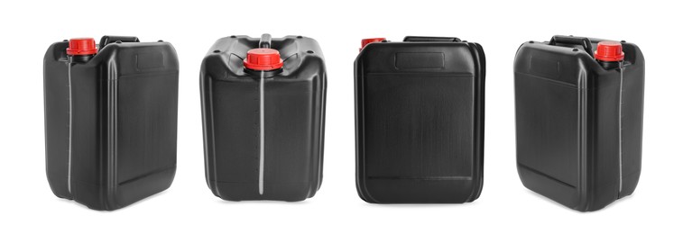 Image of Plastic canister on white background, collage. View from different sides