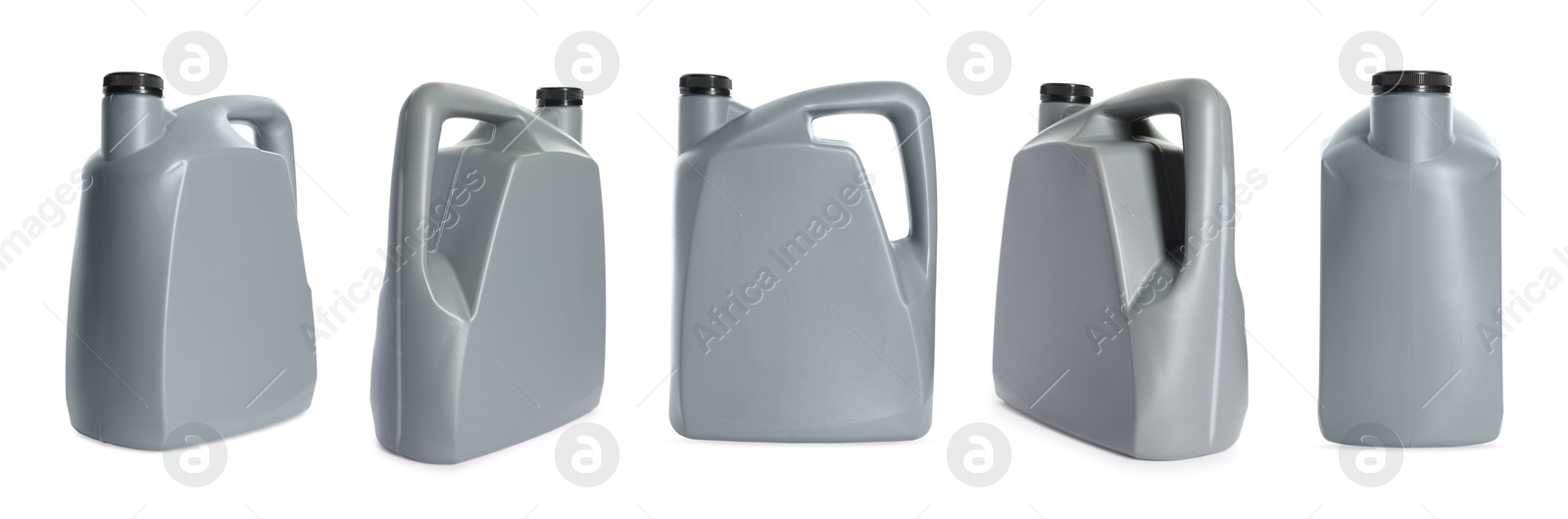 Image of Plastic canister on white background, collage. View from different sides