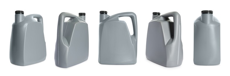 Image of Plastic canister on white background, collage. View from different sides