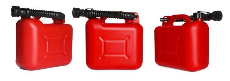 Image of Plastic canister on white background, collage. View from different sides