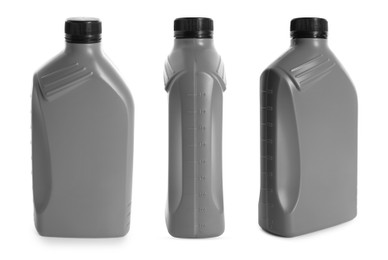 Image of Plastic canister on white background, collage. View from different sides