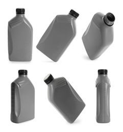 Image of Plastic canister on white background, collage. View from different sides