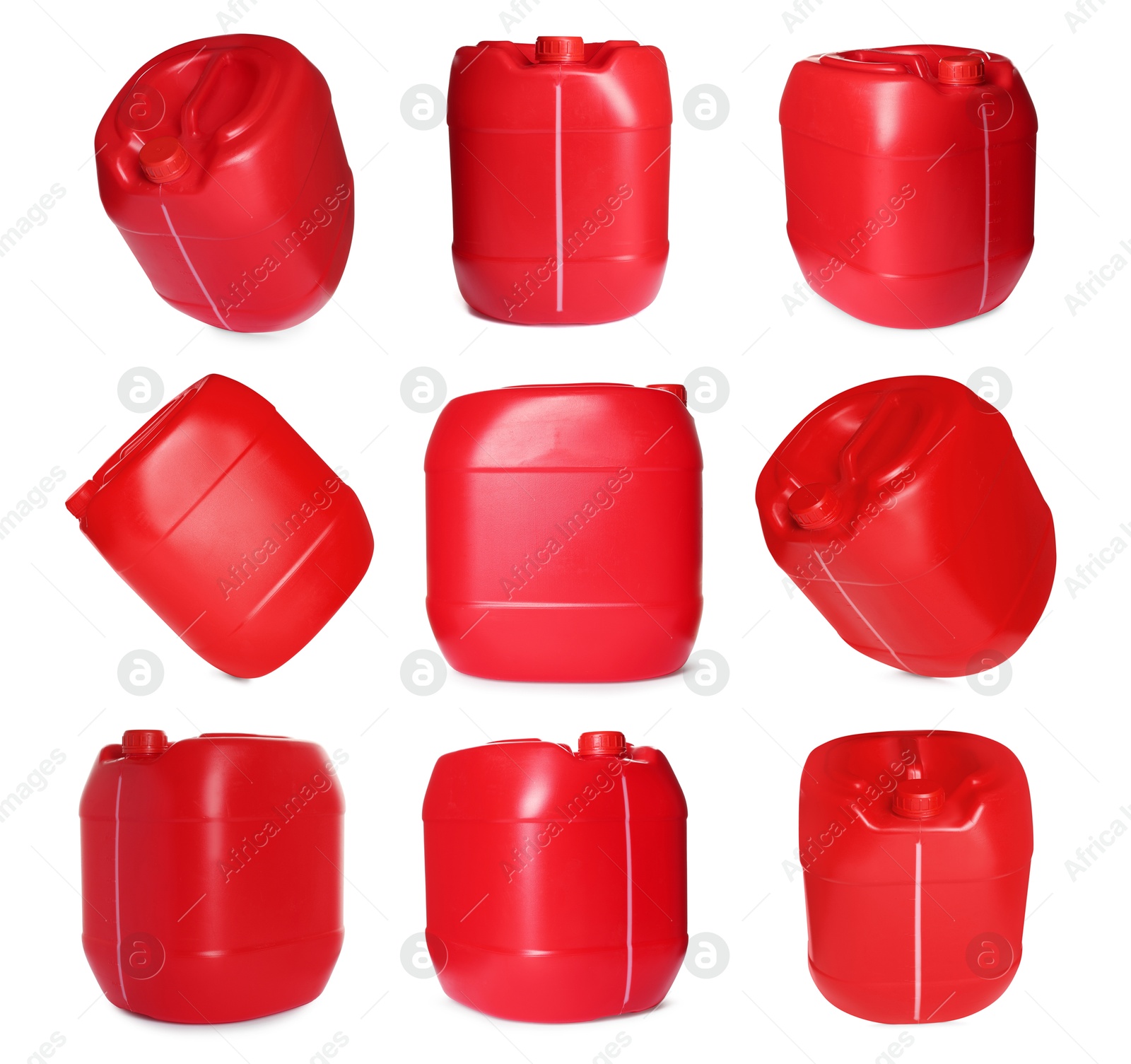 Plastic canister on white background, collage. View from different sides Image of Plastic canister on white background, collage. View from different sides