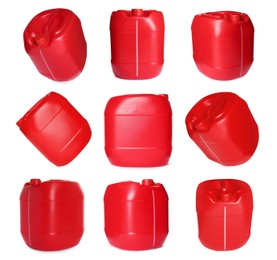 Image of Plastic canister on white background, collage. View from different sides