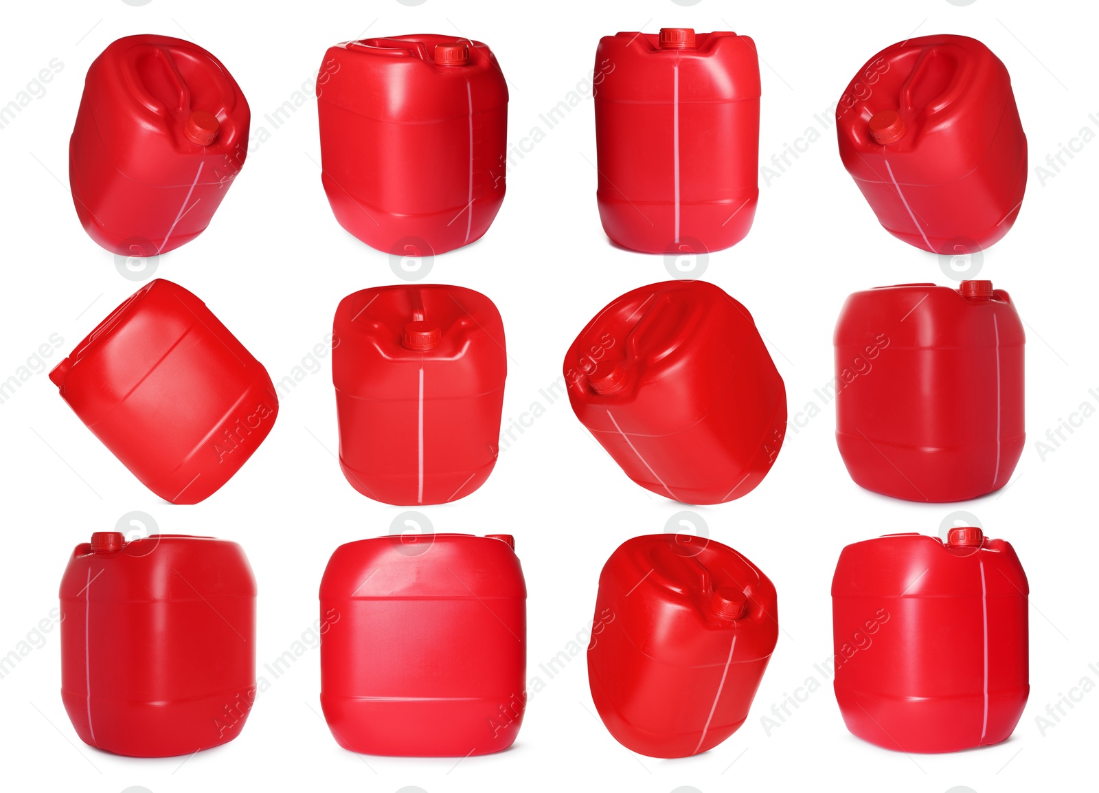 Plastic canister on white background, collage. View from different sides Image of Plastic canister on white background, collage. View from different sides