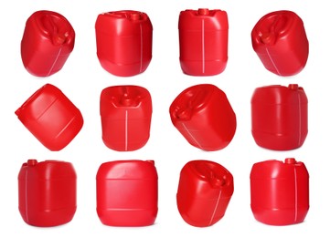 Image of Plastic canister on white background, collage. View from different sides