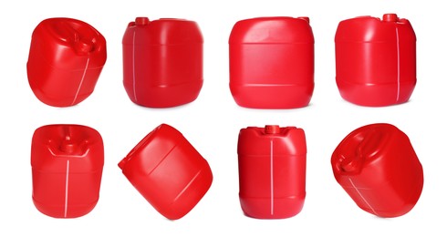 Image of Plastic canister on white background, collage. View from different sides