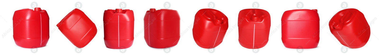 Plastic canister on white background, collage. View from different sides Image of Plastic canister on white background, collage. View from different sides