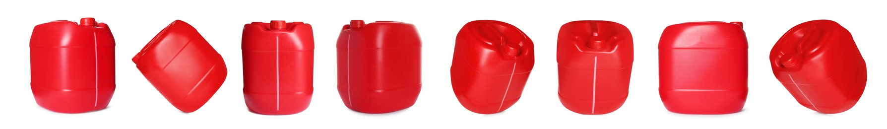 Image of Plastic canister on white background, collage. View from different sides