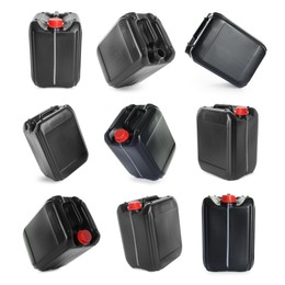 Image of Plastic canister on white background, collage. View from different sides