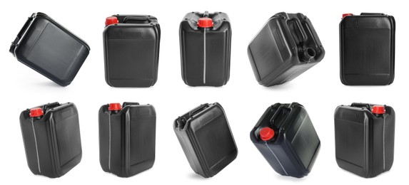 Image of Plastic canister on white background, collage. View from different sides