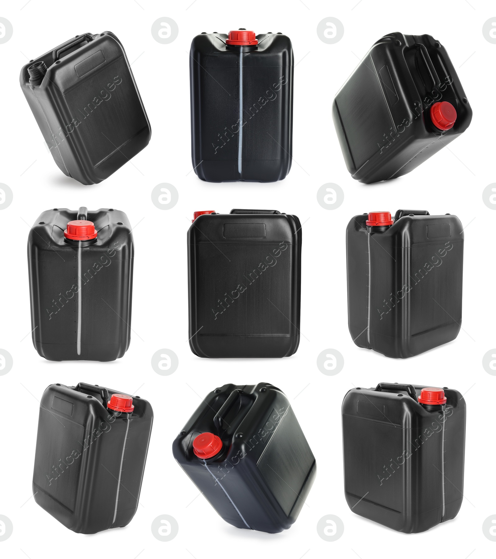 Image of Plastic canister on white background, collage. View from different sides