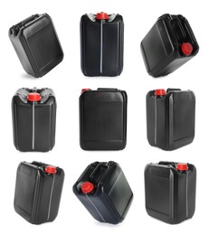 Image of Plastic canister on white background, collage. View from different sides