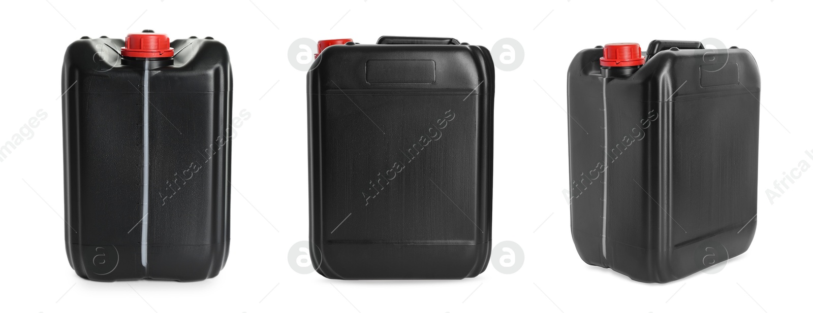 Image of Plastic canister on white background, collage. View from different sides