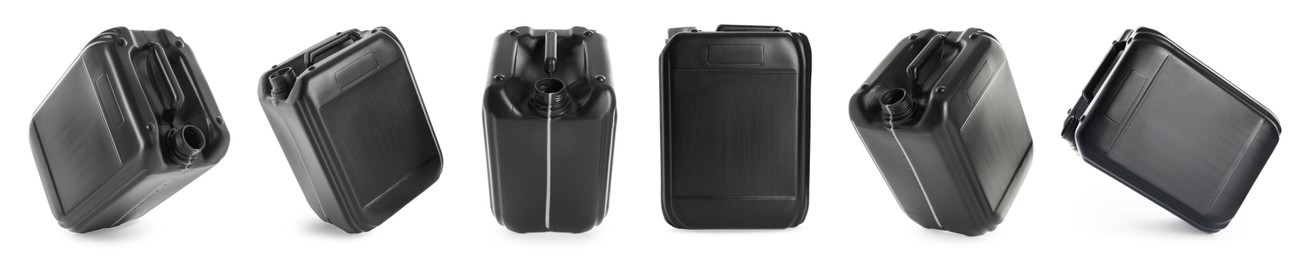 Image of Plastic canister on white background, collage. View from different sides