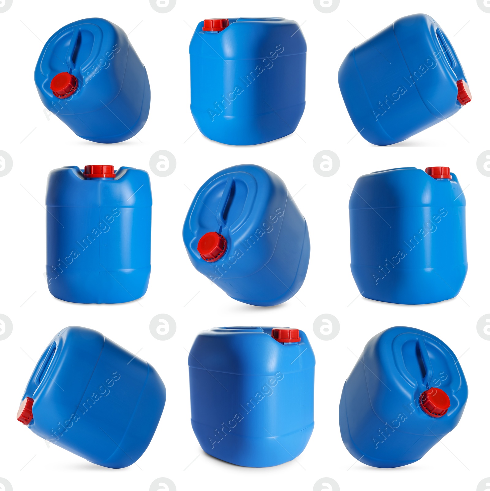Image of Plastic canister on white background, collage. View from different sides
