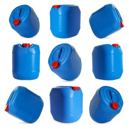 Image of Plastic canister on white background, collage. View from different sides