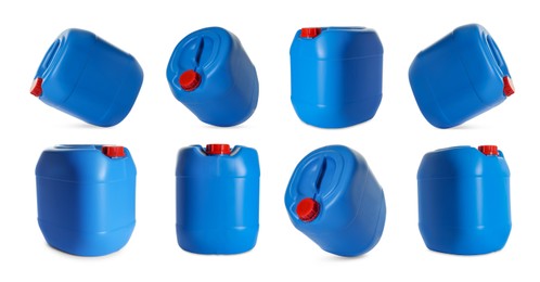 Image of Plastic canister on white background, collage. View from different sides
