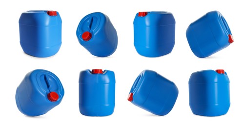 Image of Plastic canister on white background, collage. View from different sides
