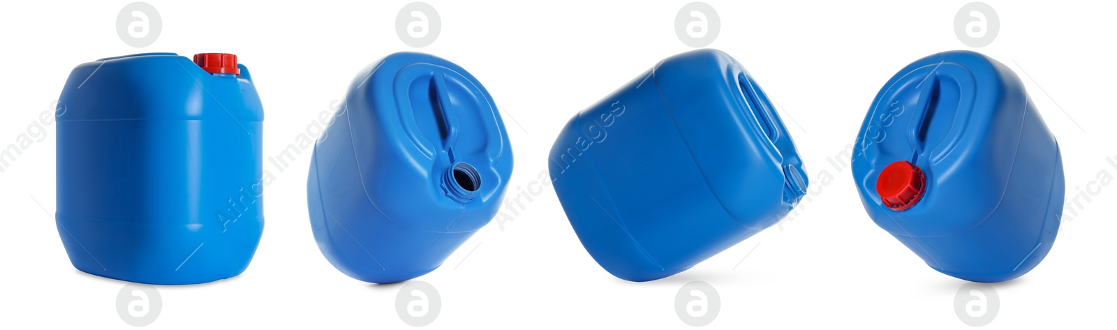 Plastic canister on white background, collage. View from different sides Image of Plastic canister on white background, collage. View from different sides