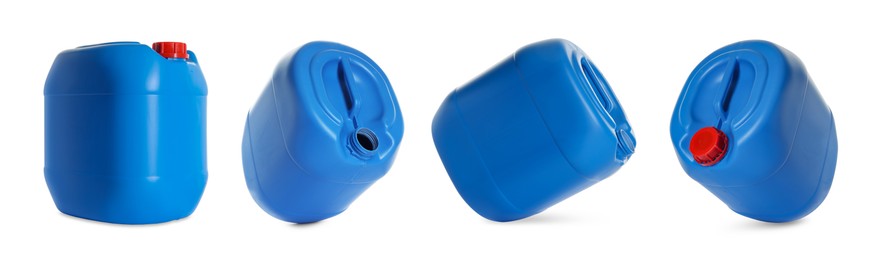 Image of Plastic canister on white background, collage. View from different sides