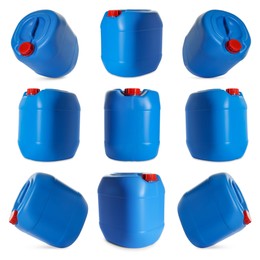 Image of Plastic canister on white background, collage. View from different sides