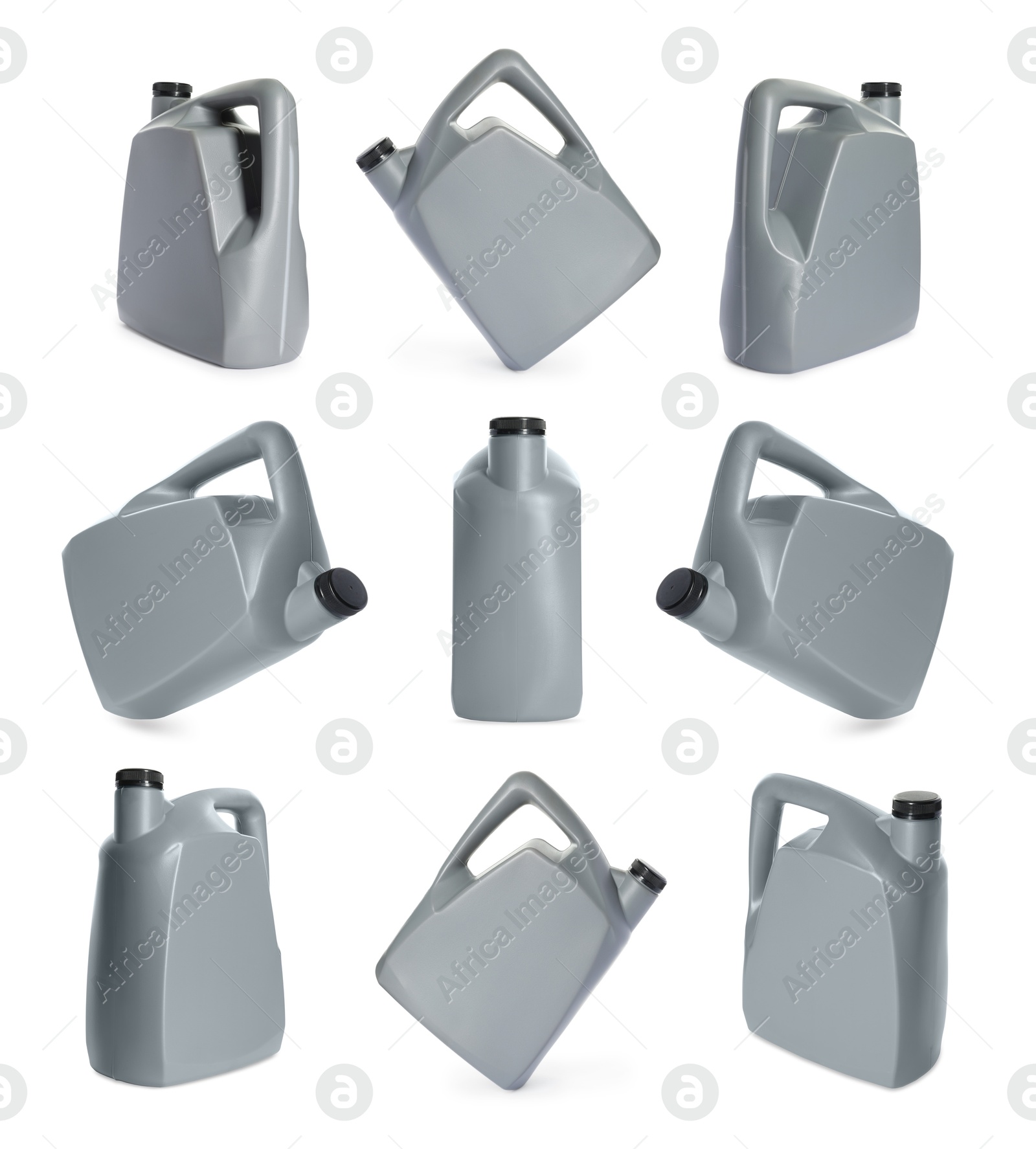 Plastic canister on white background, collage. View from different sides Image of Plastic canister on white background, collage. View from different sides