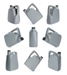 Image of Plastic canister on white background, collage. View from different sides