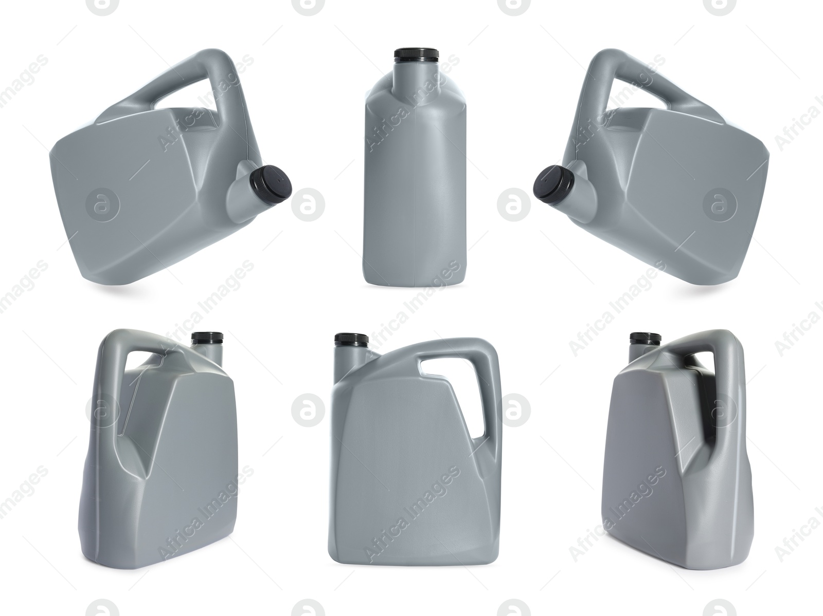 Plastic canister on white background, collage. View from different sides Image of Plastic canister on white background, collage. View from different sides