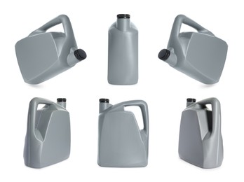 Image of Plastic canister on white background, collage. View from different sides