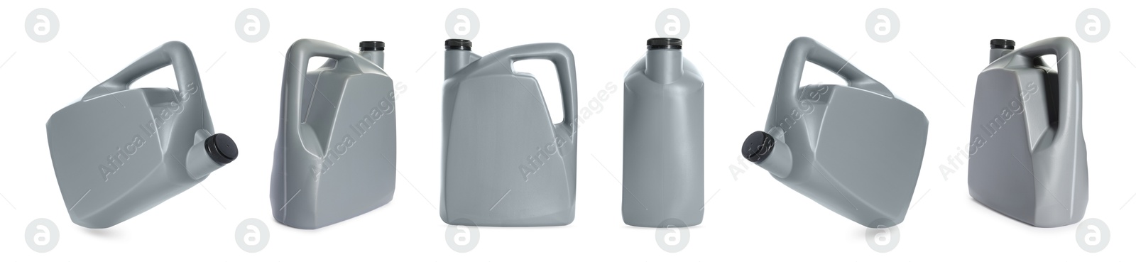 Image of Plastic canister on white background, collage. View from different sides