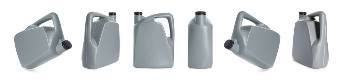 Image of Plastic canister on white background, collage. View from different sides