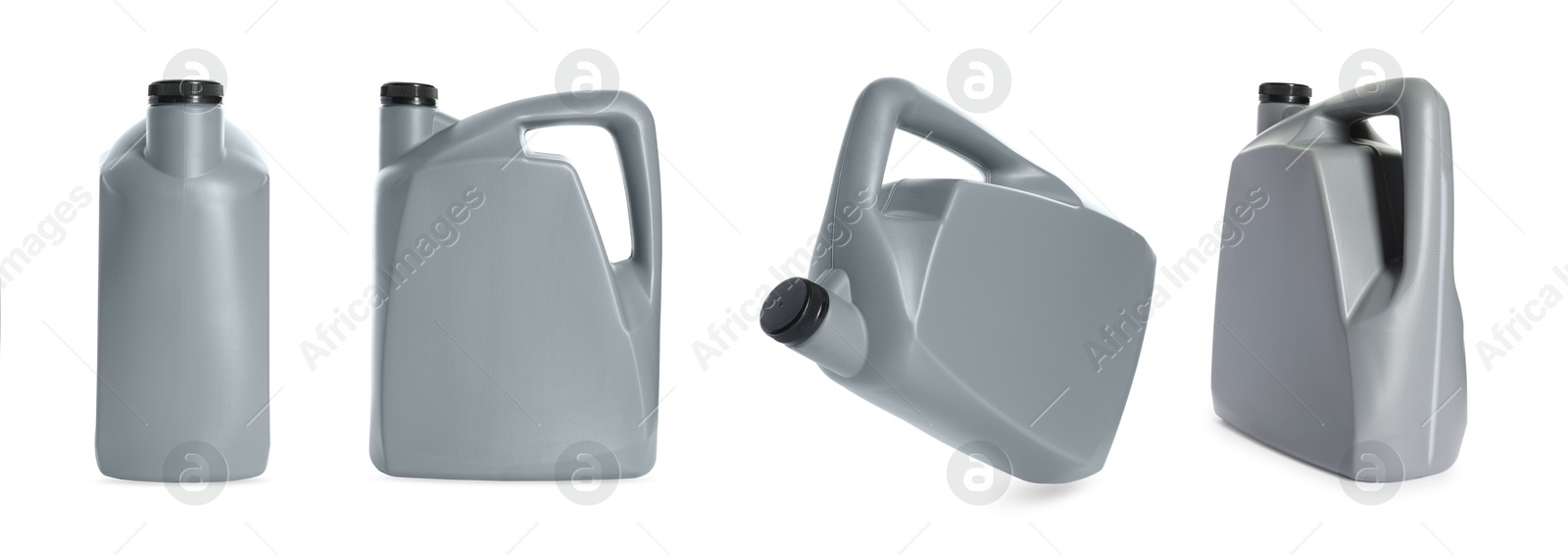 Image of Plastic canister on white background, collage. View from different sides