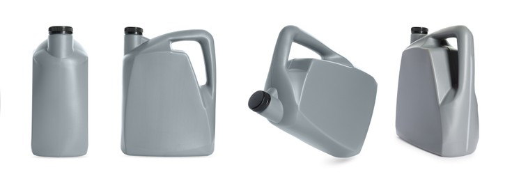 Image of Plastic canister on white background, collage. View from different sides