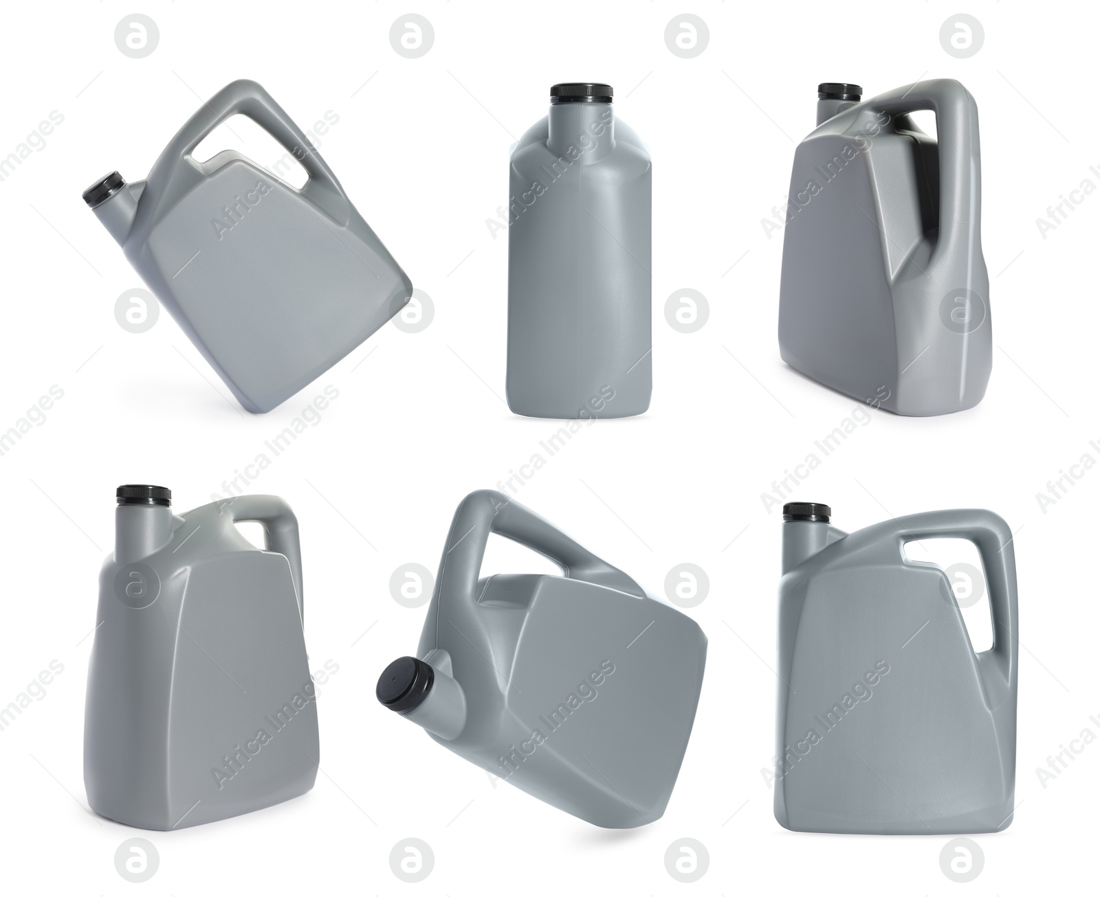 Image of Plastic canister on white background, collage. View from different sides